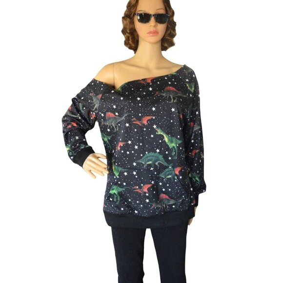 NWT Womens Dinosaur Off Shoulder Pullover Black Size XL Casual Kidcore Nerdy - Picture 1 of 6